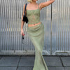 Elegant Lace Sling Top Satin Patchwork High Waist Skirt Set Long Skirt Two-Pieces Mssza