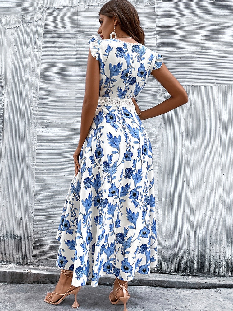 Lace Stitching Floral Print Hollow Beach Long Dress Mssaz Desses