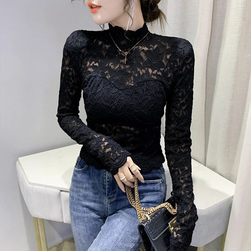 Elegant Lace Stylish Long Sleeve Stand Collar Blouse Mssza