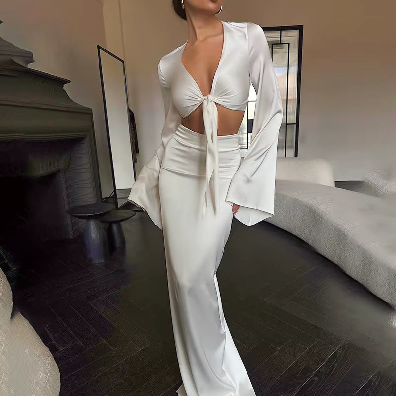 Elegant Lace Up Flare Sleeves Top And Skirt Satin Slim Two Piece Set Mssza