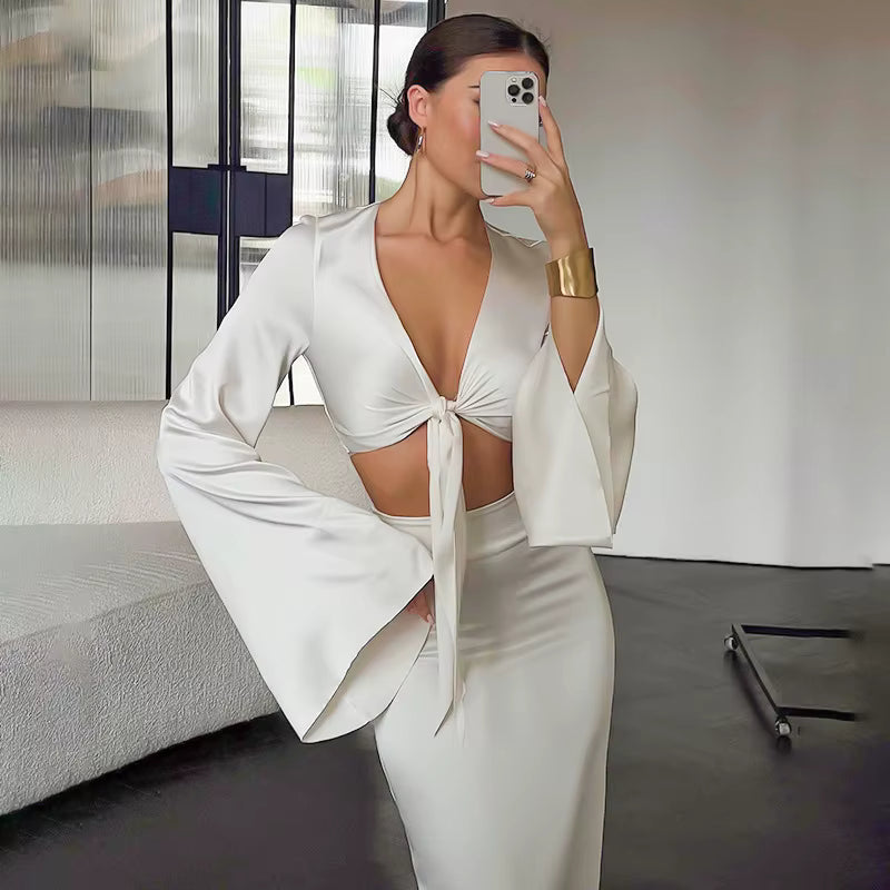 Elegant Lace Up Flare Sleeves Top And Skirt Satin Slim Two Piece Set Mssza