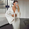 Elegant Lace Up Flare Sleeves Top And Skirt Satin Slim Two Piece Set Mssza