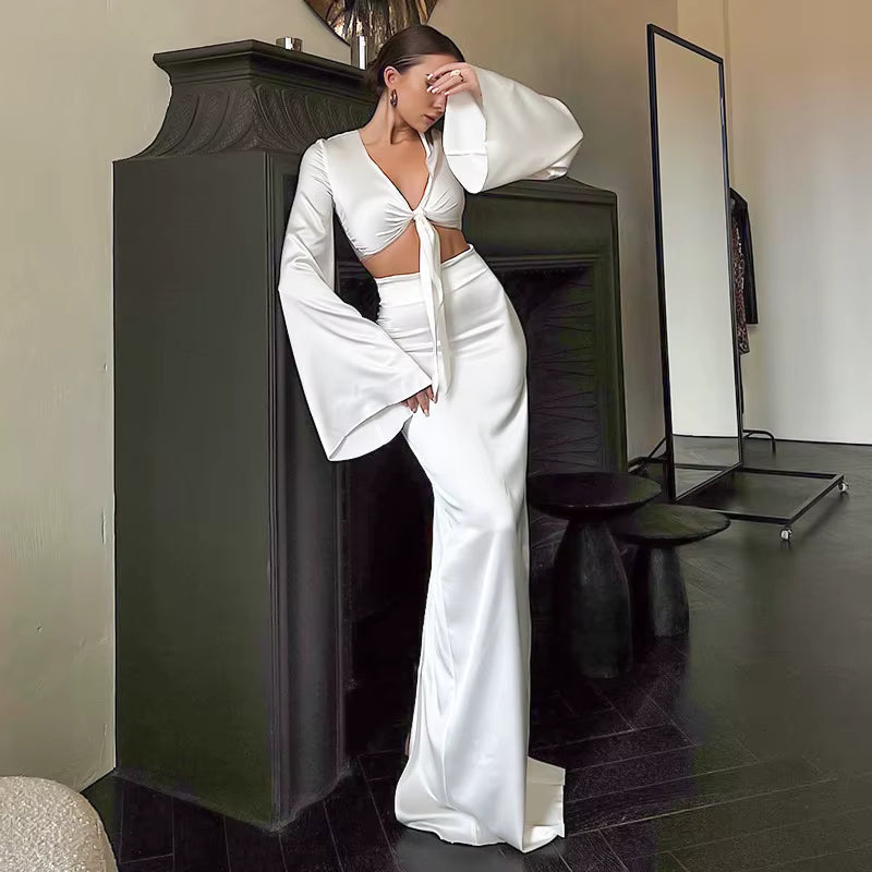 Elegant Lace Up Flare Sleeves Top And Skirt Satin Slim Two Piece Set Mssza