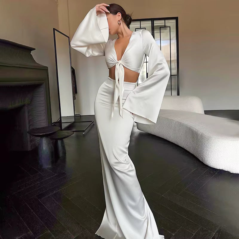 Elegant Lace Up Flare Sleeves Top And Skirt Satin Slim Two Piece Set Mssza