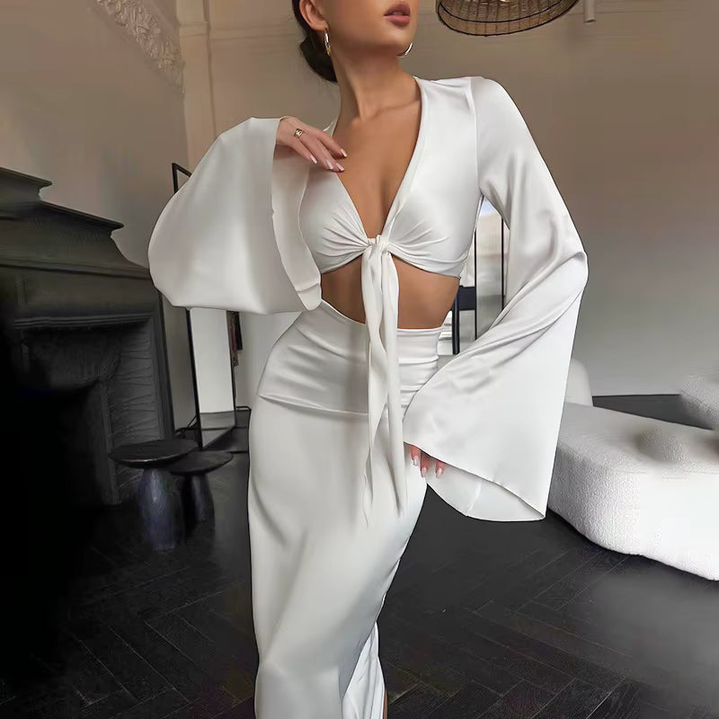 Elegant Lace Up Flare Sleeves Top And Skirt Satin Slim Two Piece Set Mssza