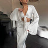 Elegant Lace Up Flare Sleeves Top And Skirt Satin Slim Two Piece Set Mssza