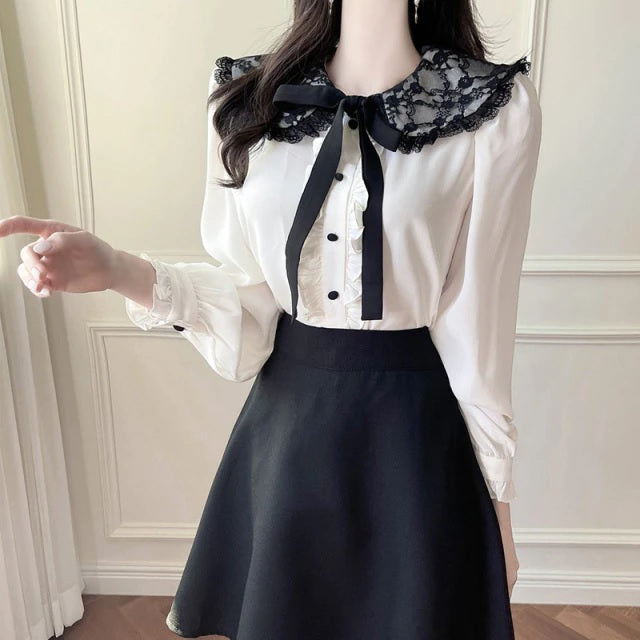 Elegant Lace up Buttons Bow Ruffle Cute Shirts Mssza