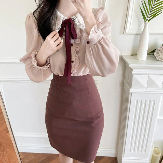 Elegant Lace up Buttons Bow Ruffle Cute Shirts Mssza