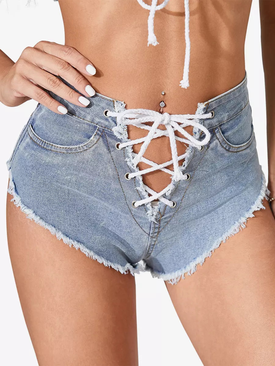 Elegant Lace up Skinny Denim Shorts With Cutout Design Mssza