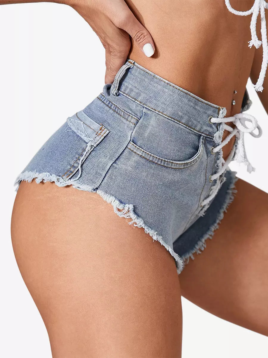 Elegant Lace up Skinny Denim Shorts With Cutout Design Mssza
