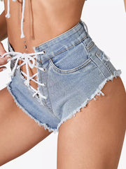 Elegant Lace up Skinny Denim Shorts With Cutout Design Mssza