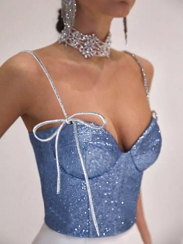 Elegant Lace-up Sleeveless Straps Shining Gorgeous Crop Top Mssza