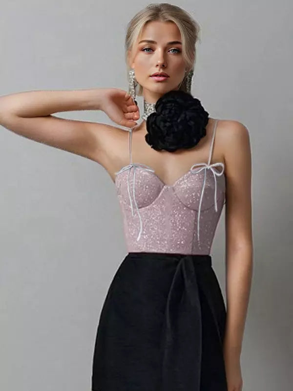 Elegant Lace-up Sleeveless Straps Shining Gorgeous Crop Top Mssza