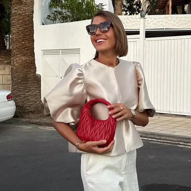 Elegant Lantern Short Sleeve Loose O-neck Satin Ruffle Shirt Mssza