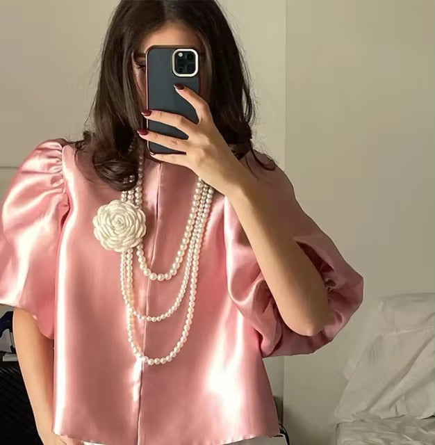 Elegant Lantern Short Sleeve Loose O-neck Satin Ruffle Shirt Mssza