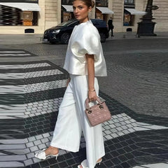 Elegant Lantern Short Sleeve Loose O-neck Satin Ruffle Shirt Mssza