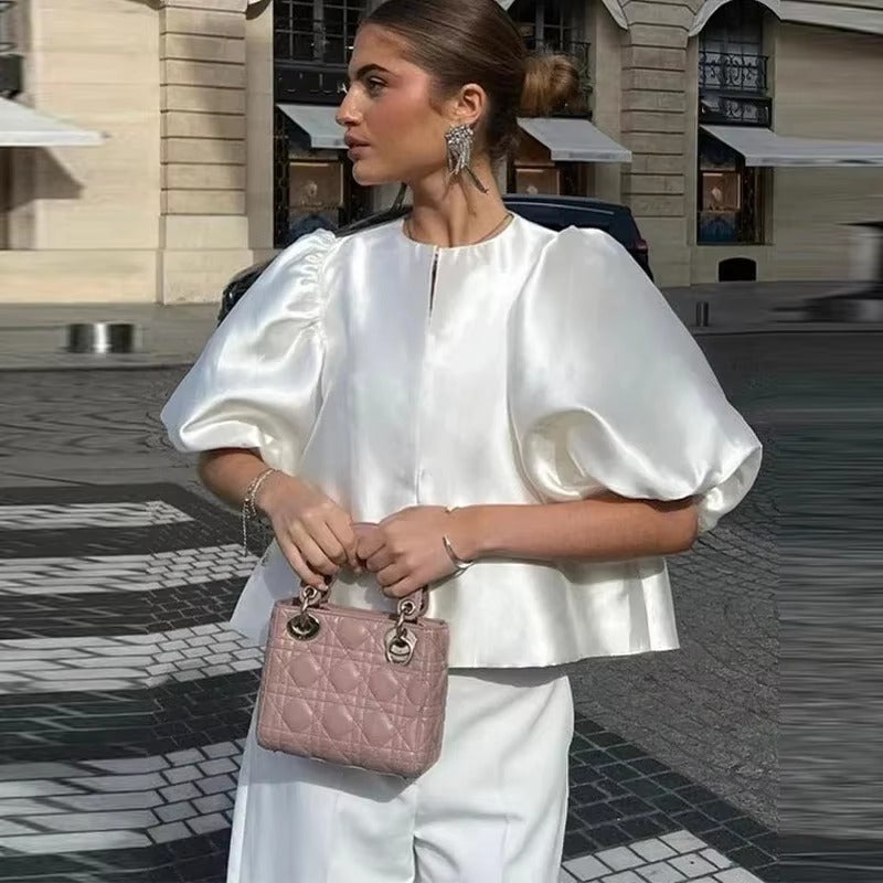 Elegant Lantern Short Sleeve Loose O-neck Satin Ruffle Shirt Mssza