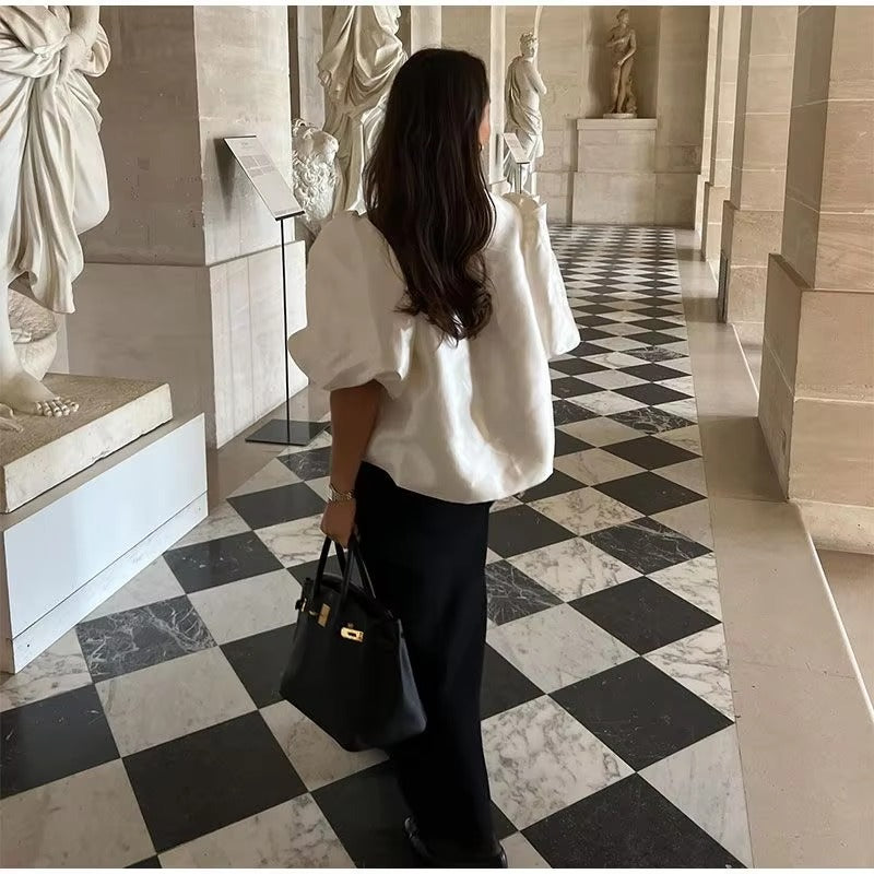 Elegant Lantern Short Sleeve Loose O-neck Satin Ruffle Shirt Mssza