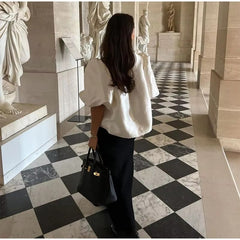 Elegant Lantern Short Sleeve Loose O-neck Satin Ruffle Shirt Mssza