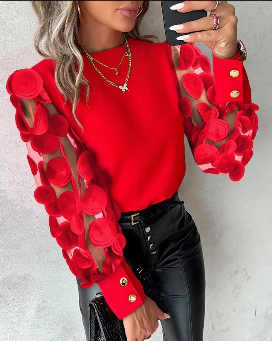Elegant Lantern Sleeve Button Splicing Non Stretch Shirt Mssza