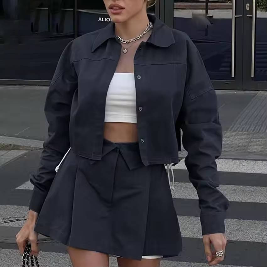 Elegant Lapel Button Shirts And High Waist Pleated Skirts 2 Piece Set Mssza
