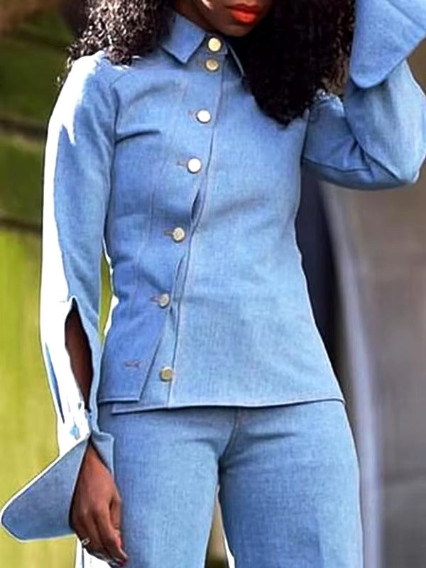 Elegant Lapel Collar Long Sleeve Slanted Single-breasted Shirt Top Mssza