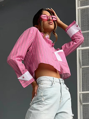 Casual Patchwork Lapel Long Sleeve Loose Stripe Shirt Mssza