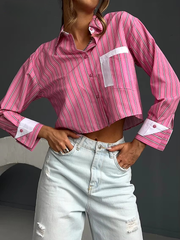 Casual Patchwork Lapel Long Sleeve Loose Stripe Shirt Mssza