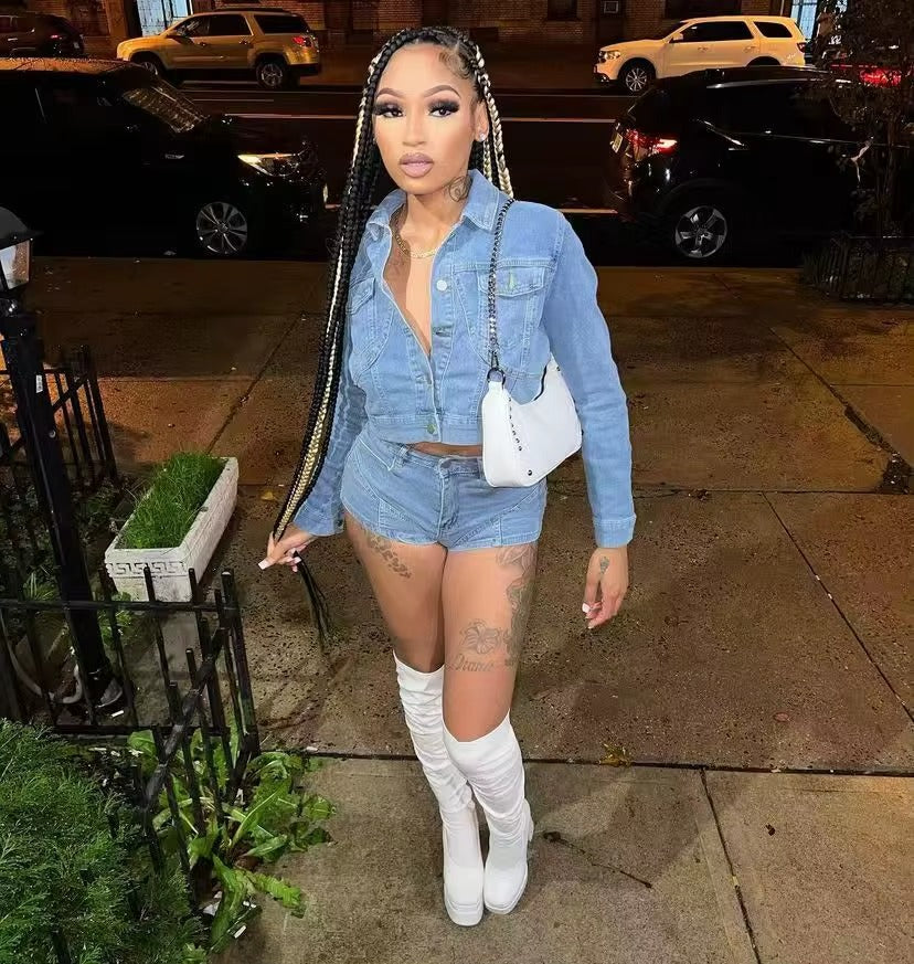 Elegant Lapel Long Sleeve Single Breasted Jackets and Shorts Stretch Denim 2 Piece Set Mssza