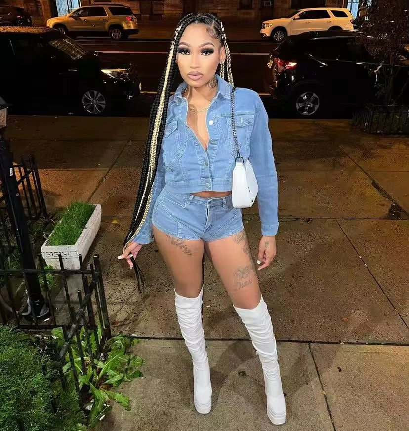 Elegant Lapel Long Sleeve Single Breasted Jackets and Shorts Stretch Denim 2 Piece Set Mssza
