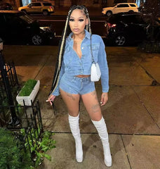 Elegant Lapel Long Sleeve Single Breasted Jackets and Shorts Stretch Denim 2 Piece Set Mssza