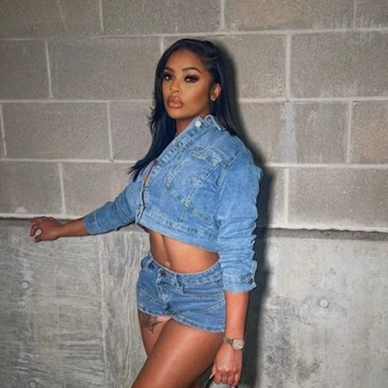 Elegant Lapel Long Sleeve Single Breasted Jackets and Shorts Stretch Denim 2 Piece Set Mssza