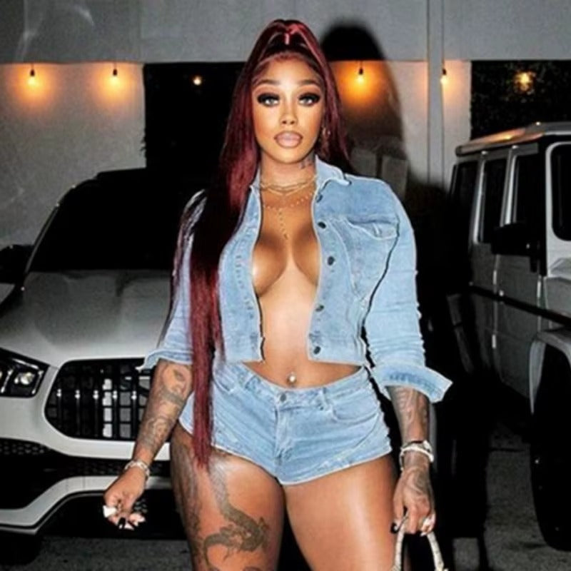 Elegant Lapel Long Sleeve Single Breasted Jackets and Shorts Stretch Denim 2 Piece Set Mssza