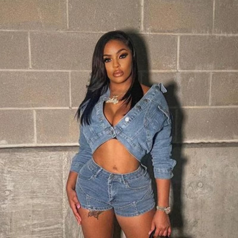 Elegant Lapel Long Sleeve Single Breasted Jackets and Shorts Stretch Denim 2 Piece Set Mssza