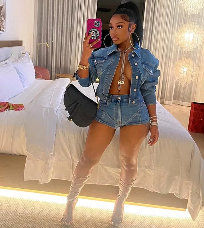 Elegant Lapel Long Sleeve Single Breasted Jackets and Shorts Stretch Denim 2 Piece Set Mssza