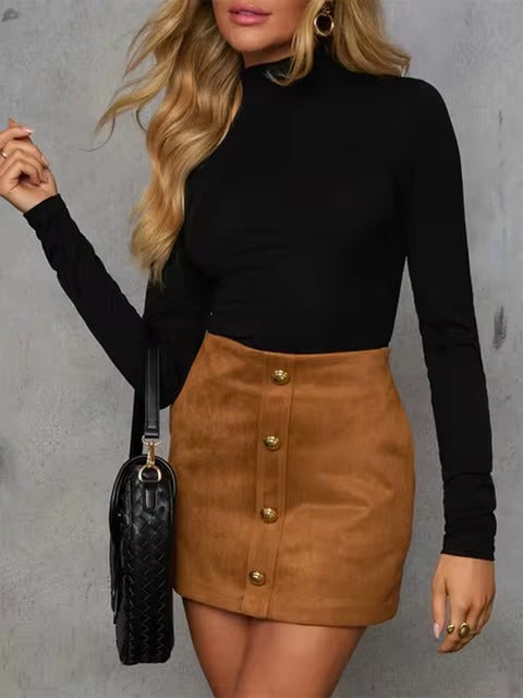 Elegant Lapel Long Sleeve With Pocket Suede Jacket Mini Skirt Suit Sets Mssza