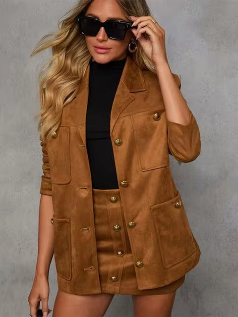 Elegant Lapel Long Sleeve With Pocket Suede Jacket Mini Skirt Suit Sets Mssza
