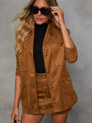 Elegant Lapel Long Sleeve With Pocket Suede Jacket Mini Skirt Suit Sets Mssza