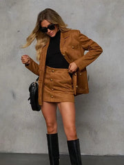 Elegant Lapel Long Sleeve With Pocket Suede Jacket Mini Skirt Suit Sets Mssza