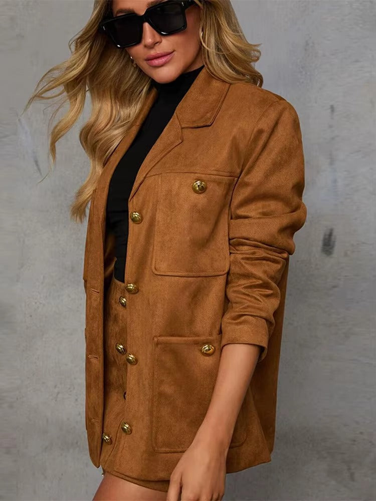 Elegant Lapel Long Sleeve With Pocket Suede Jacket Mini Skirt Suit Sets Mssza