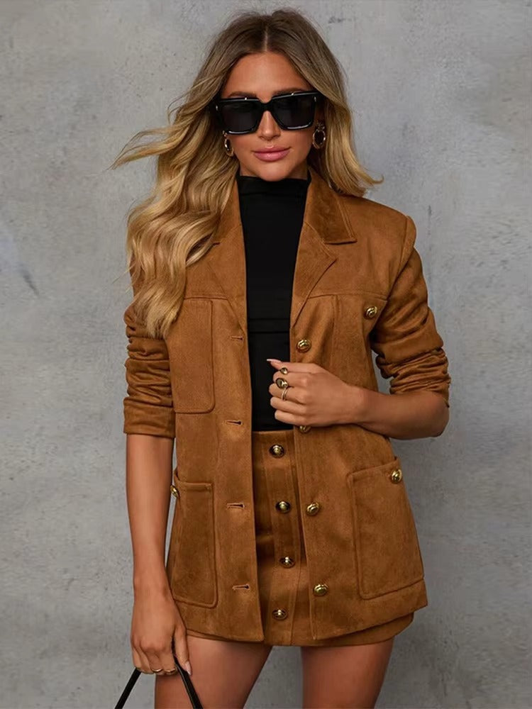 Elegant Lapel Long Sleeve With Pocket Suede Jacket Mini Skirt Suit Sets Mssza