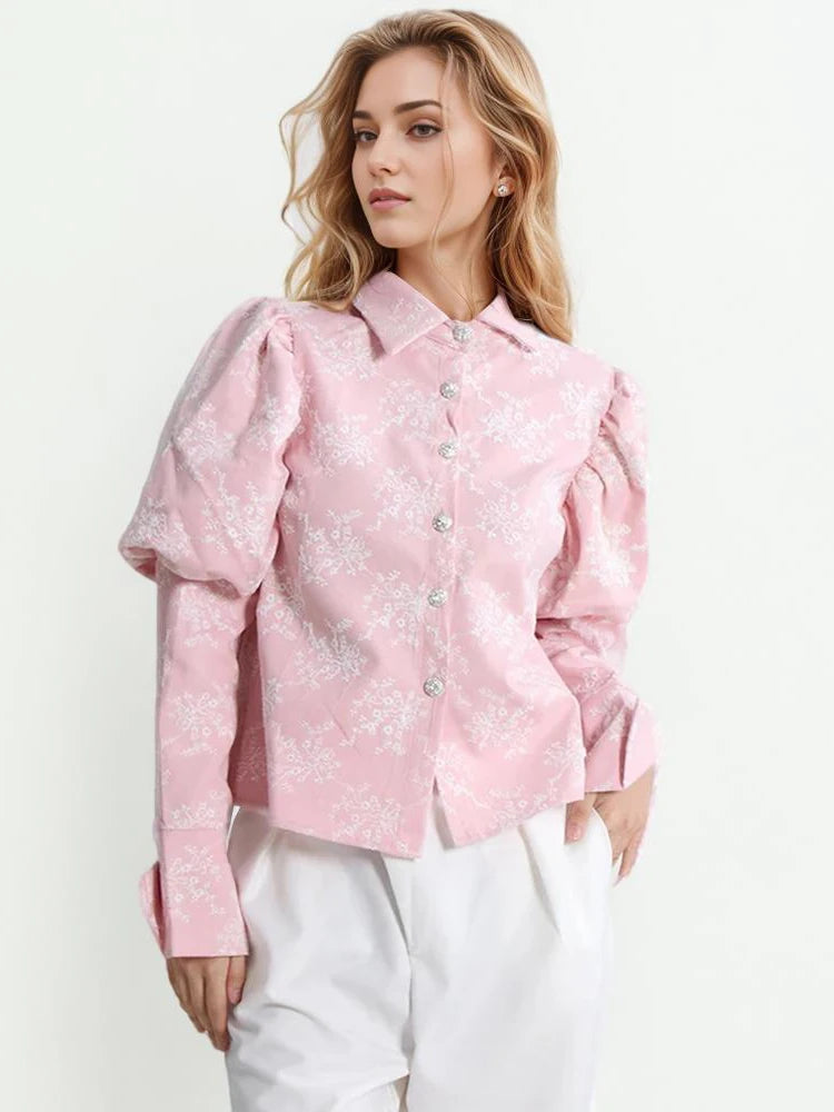 Elegant Lapel Puff Sleeve Patchwork Button Embroidery Shirt Mssza