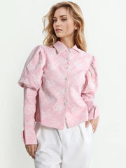 Elegant Lapel Puff Sleeve Patchwork Button Embroidery Shirt Mssza