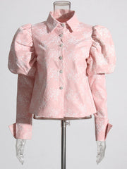 Elegant Lapel Puff Sleeve Patchwork Button Embroidery Shirt Mssza