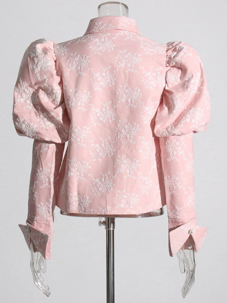 Elegant Lapel Puff Sleeve Patchwork Button Embroidery Shirt Mssza