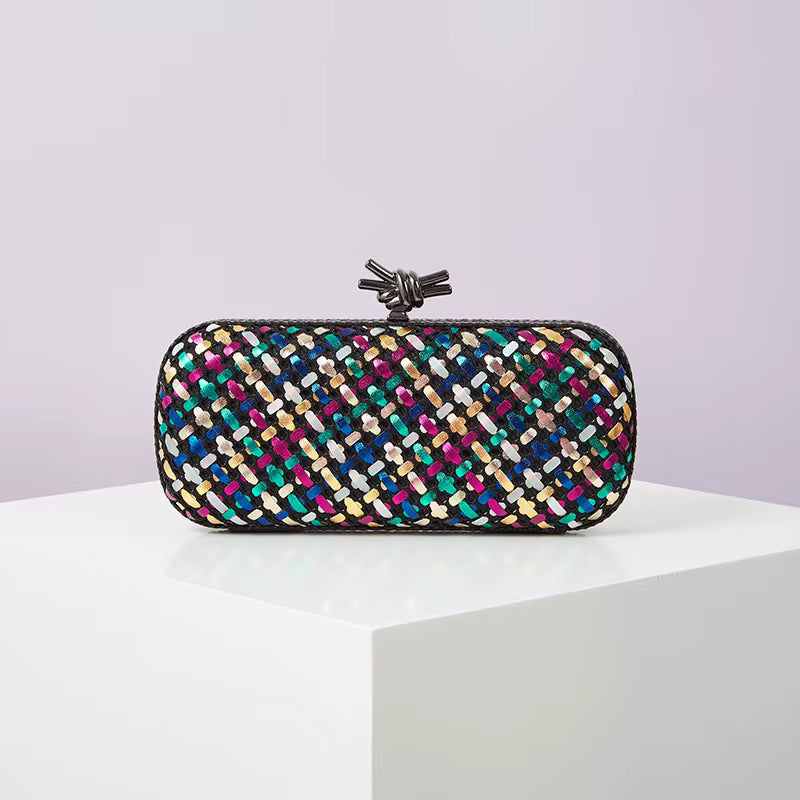 Elegant Leather Bright Line Woven Metal Knot Party Clutch Bag Mssza