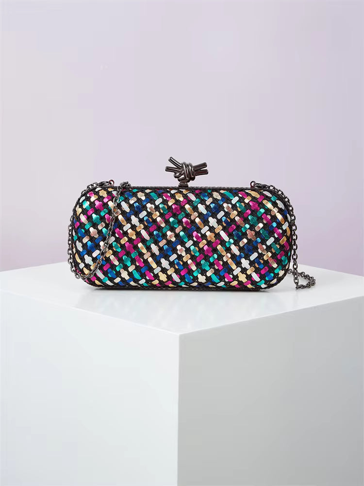 Elegant Leather Bright Line Woven Metal Knot Party Clutch Bag Mssza
