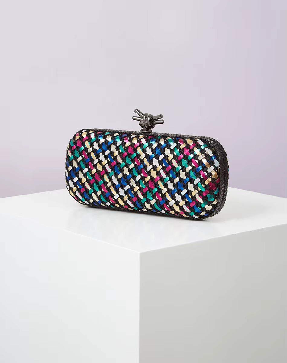 Elegant Leather Bright Line Woven Metal Knot Party Clutch Bag Mssza
