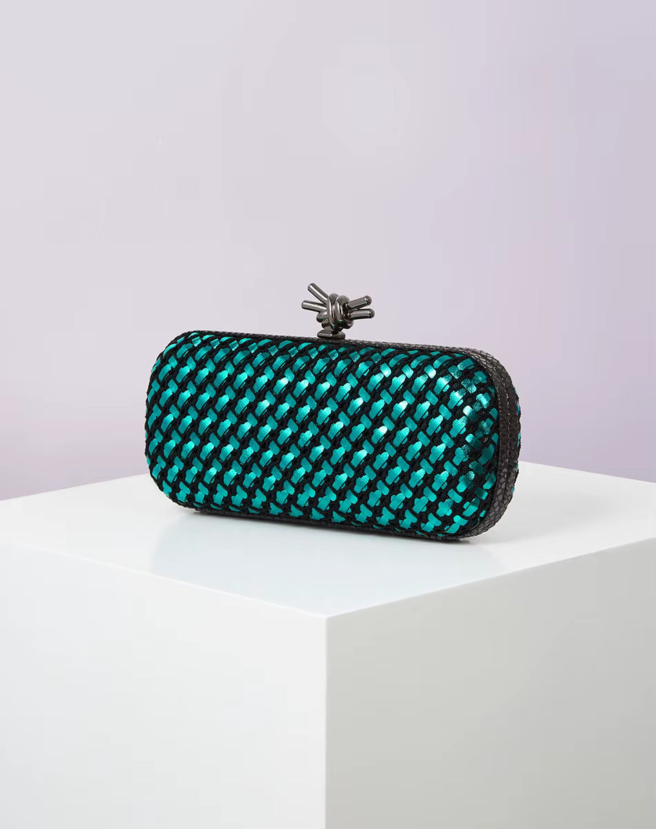 Elegant Leather Bright Line Woven Metal Knot Party Clutch Bag Mssza