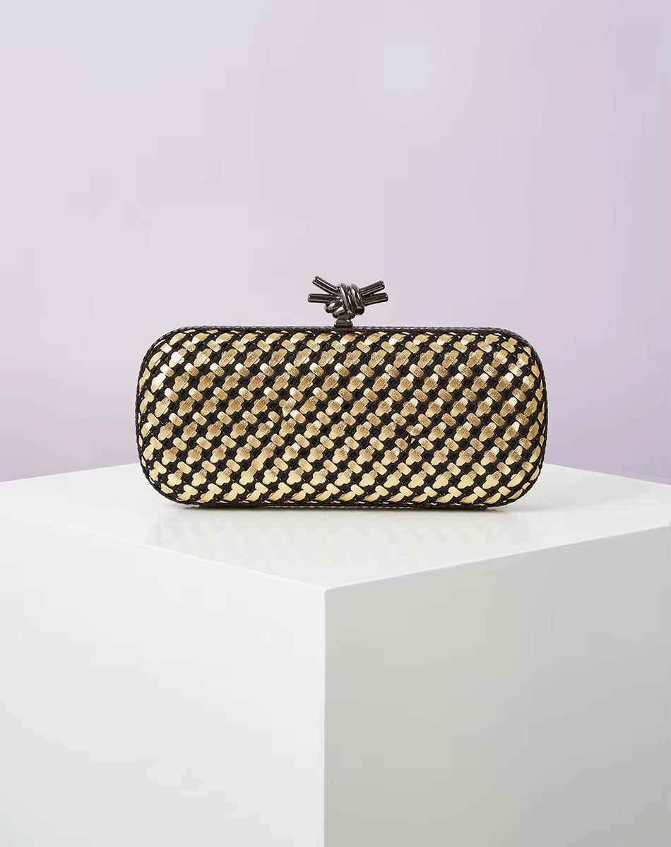 Elegant Leather Bright Line Woven Metal Knot Party Clutch Bag Mssza